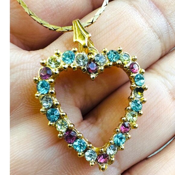 Accents by Hallmark Vintage Gold Tone Heart Pendant With Multicolor Rhinestones - Picture 7 of 7